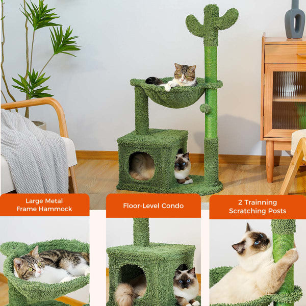 Cactus Cat Tree - 40 Inch Tower with Large Metal Carpet Hammock - Pets Playland