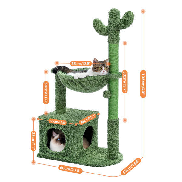 Cactus Cat Tree - 40 Inch Tower with Large Metal Carpet Hammock - Pets Playland