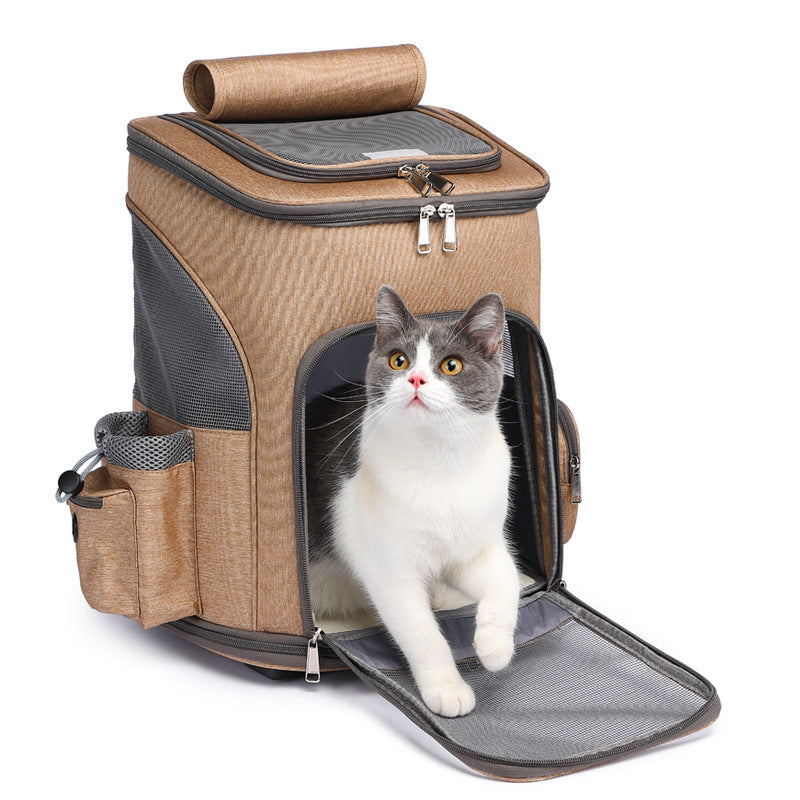 Portable Pet Backpack with Universal Wheels - Folding Traveling Cat Carrier Trolley Bag