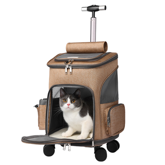 Portable Pet Backpack with Universal Wheels - Folding Traveling Cat Carrier Trolley Bag