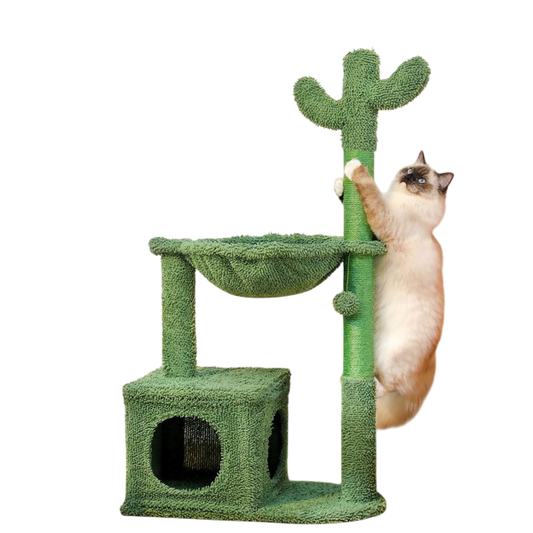 Cactus Cat Tree - 40 Inch Tower with Large Metal Carpet Hammock - Pets Playland